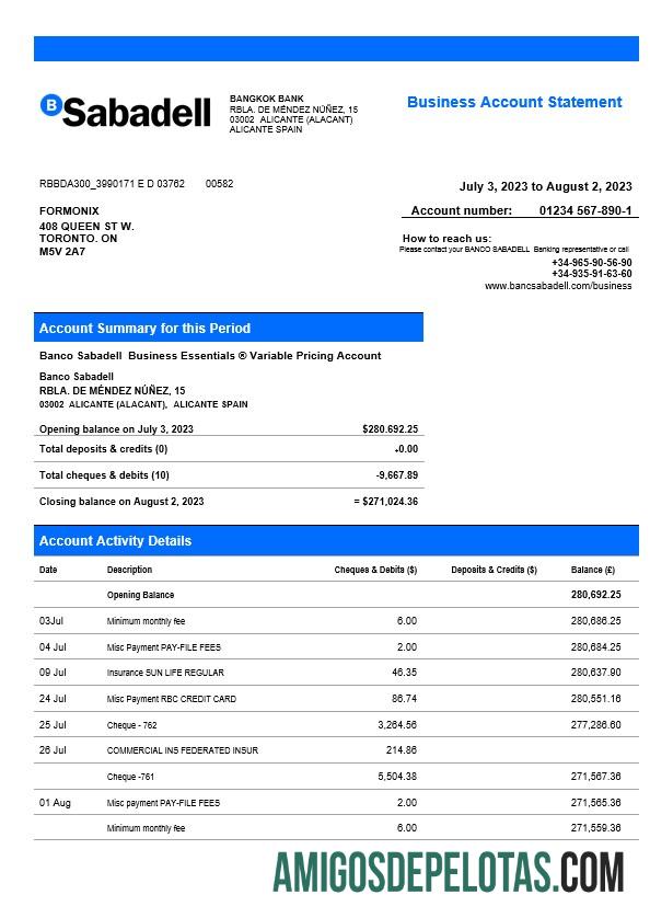 Em branco BANCO Sabadell Firm Statement Word And PDF modelo